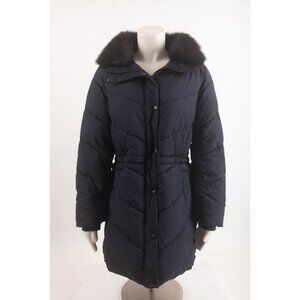 Talbots Petite Women Puffer Coat Jacket Navy Blue Medium Mp Hooded Faux fur trim